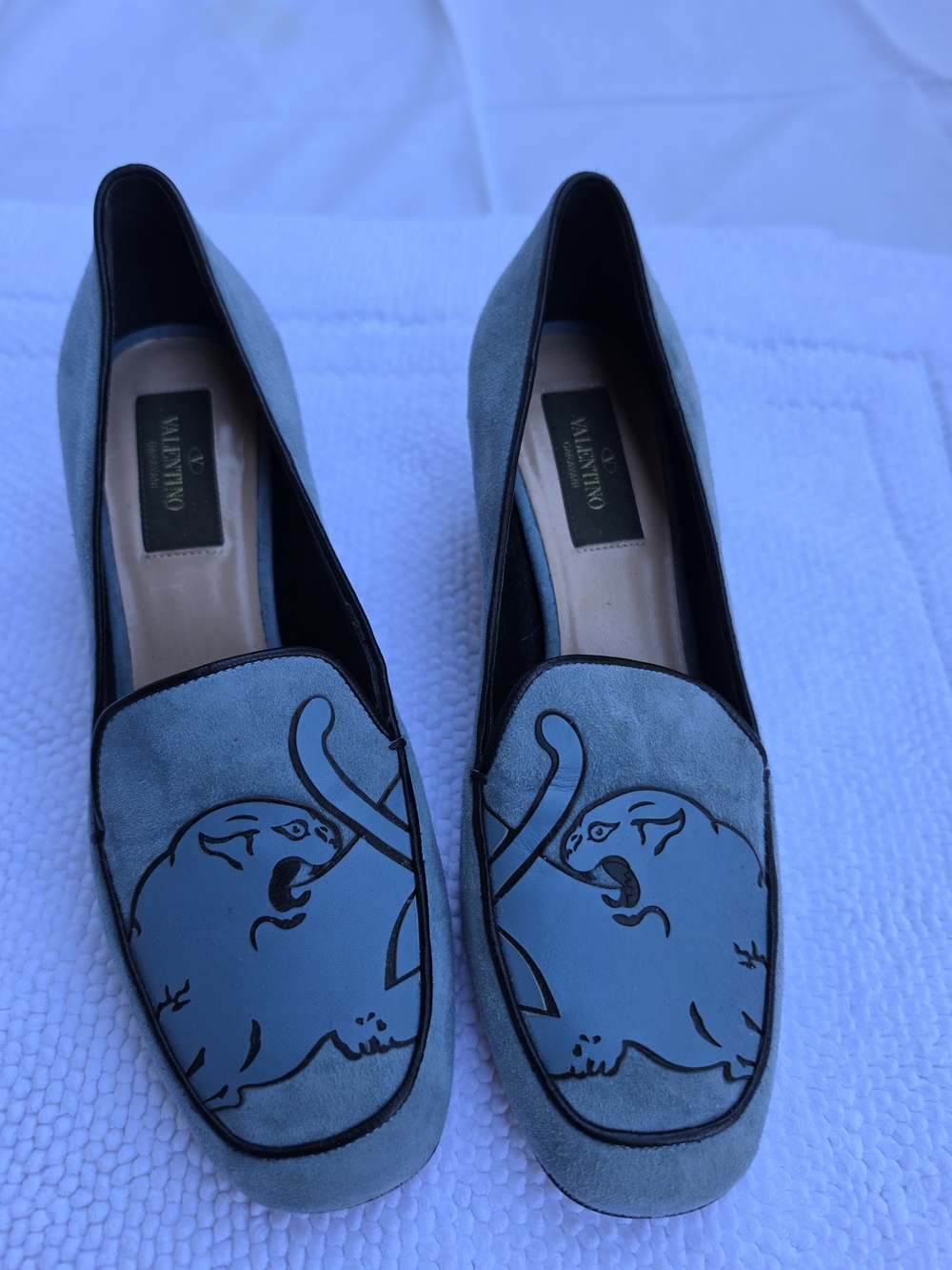 Valentino Women’s Teal Suede Graphic Loafers